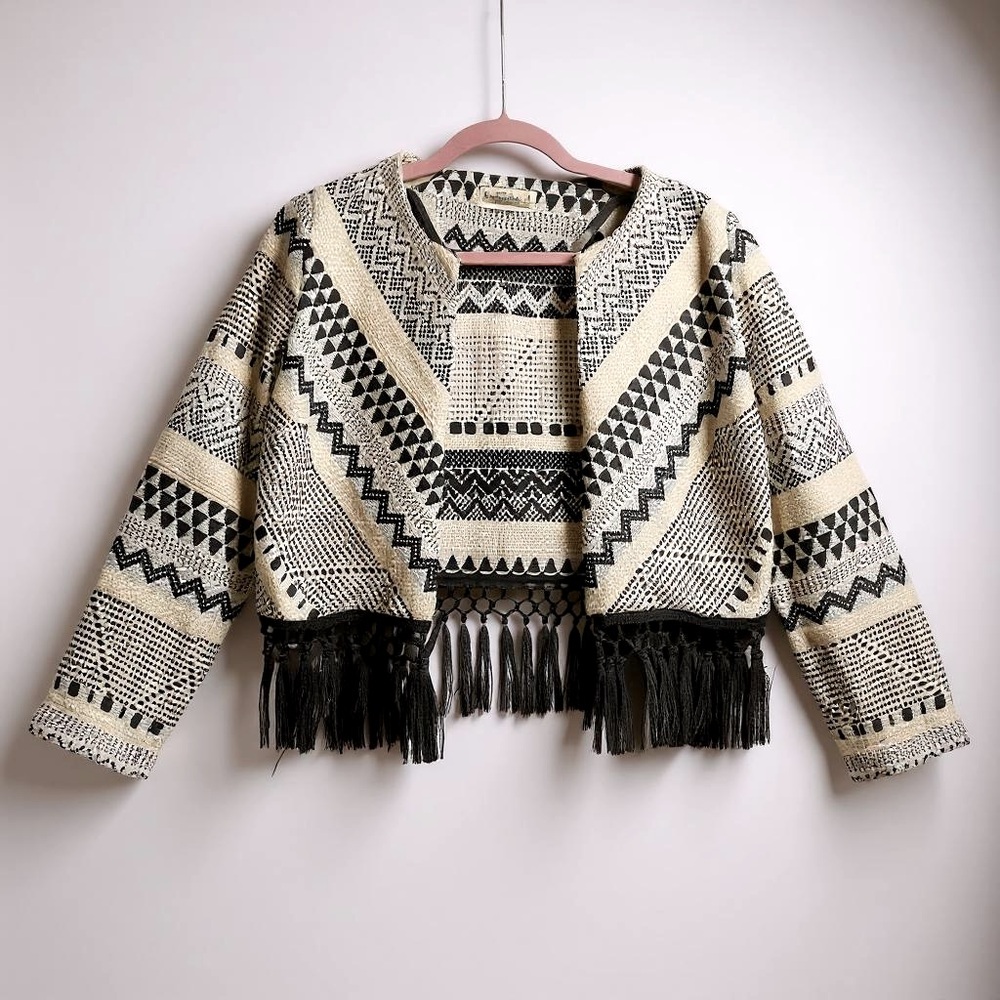 ABERCROMBIE & FITCH Tapestry Fringe Trim Pattern Jacket Cream Womens Size M